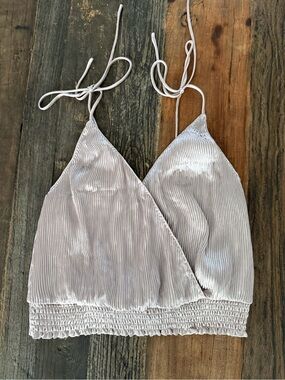 Astr Light Metallic Taupe Pleated Surplice Camisole Top with Tie Straps